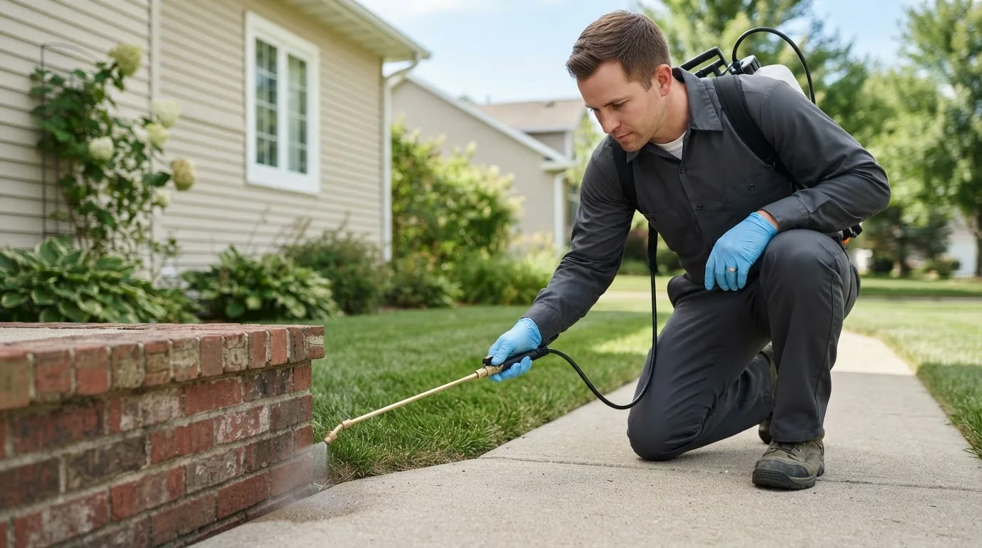 Pest control technician treating a home near Broadwater, NE